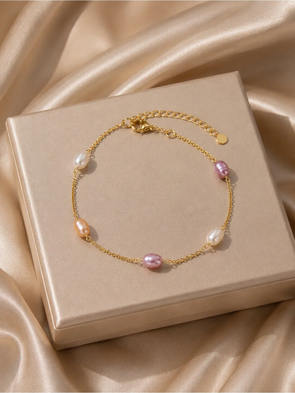 18K Gold Freshwater Pearl Stations Ankle Bracelet - Multicolor